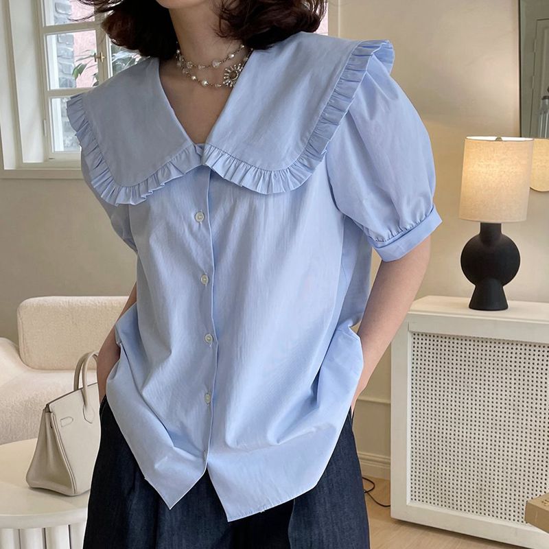 直筒甜美单排扣短袖棉显嫩衬衫