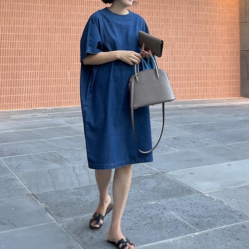 休闲直筒纯棉落肩宽松牛仔连衣裙