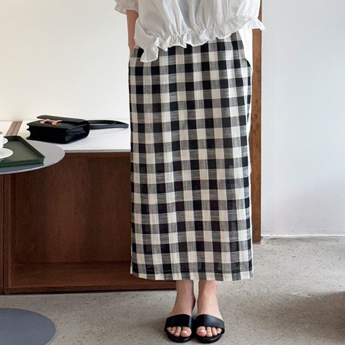 中长直筒格子松紧半身裙显瘦通勤