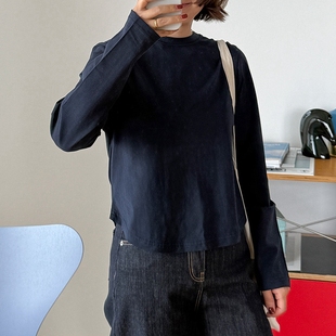 显瘦打底T336 弧形衣脚纯棉t恤短款 韩国女装 简约基础圆领套头长袖