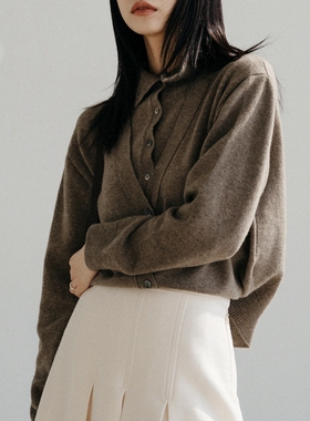 M116韩国假两件美丽诺羊毛软糯半高领V领毛衣开衫宽松秋冬