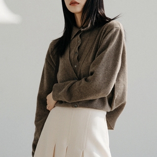 M116韩国假两件美丽诺羊毛软糯半高领V领毛衣开衫 宽松秋冬