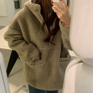 F79韩国女装 保暖中长冬 仿毛皮羊羔绒连帽宽松休闲外套长袖