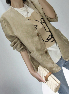 F19韩国女装新品2025亚麻V领长袖春夏女薄风衣外套休闲西装防晒