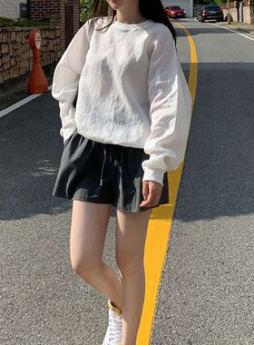 C99好品质韩国女春夏亚麻圆领套头长袖宽松t恤上衣凉爽防晒