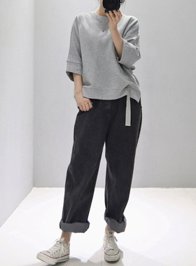 T211韩国女装新款2025厚棉设计感开叉五分袖宽松圆领套头夏女T恤