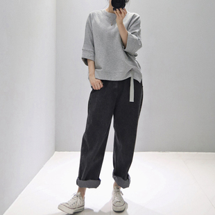 宽松圆领套头夏女T恤 2025厚棉设计感开叉五分袖 T211韩国女装 新款