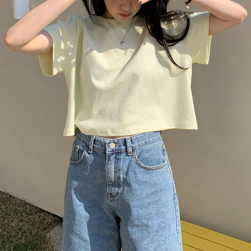 夏季磨毛棉露脐显瘦短袖T恤