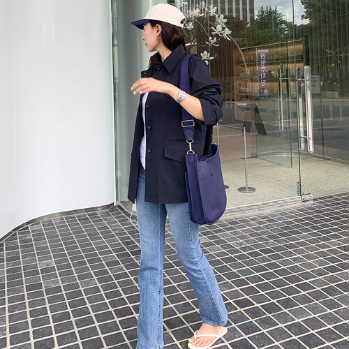 韩国女装工装深蓝长袖风衣外套