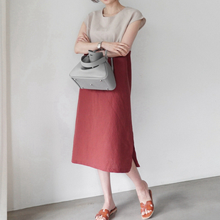 夏女连衣裙显高显瘦 2025拼色亚麻简约宽松中长款 L49韩国女装 新款