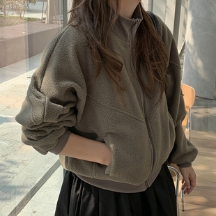 立领保暖外套冬季 F78韩国女装 摇粒绒双层复合宽松休闲长袖