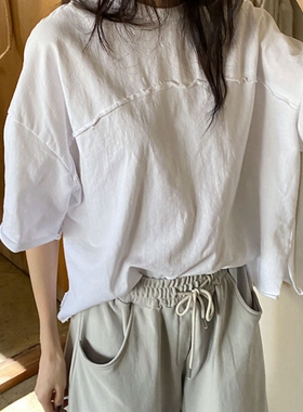 韩国女装简约宽松箱型落肩圆领套头五分袖棉夏女卫衣t恤显瘦T334