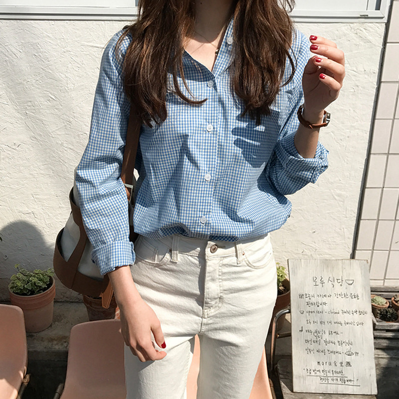 C52韩国女装代2026新品清爽格子设计感秋冬长袖女衬衫打底棉质