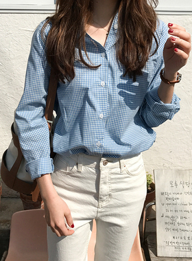 C52韩国女装代2026新品清爽格子设计感秋冬长袖女衬衫打底棉质
