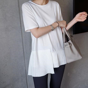 圆领套头纯色春夏女T恤内搭 2025设计感百褶短袖 T50韩国女装 新款