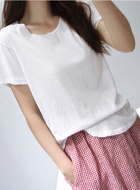T144韩国女装代新品2025设计感简约夏女短袖T恤套头棉质打底衫