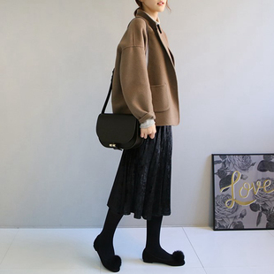 D01韩国女装 双面羊毛毛呢设计秋冬女短大衣外套手工handmade 新款