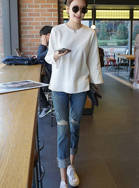 T147韩国女装代新品2025简约宽松厚棉秋冬套头女T恤八分袖打底衫