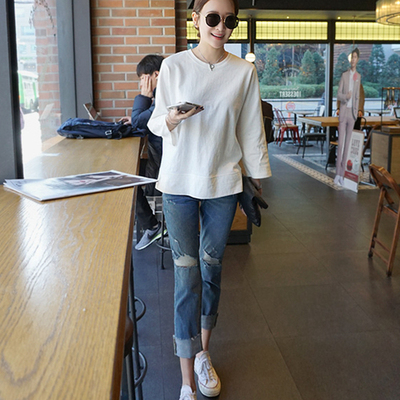 韩国女装宽松厚棉八分袖T恤百搭