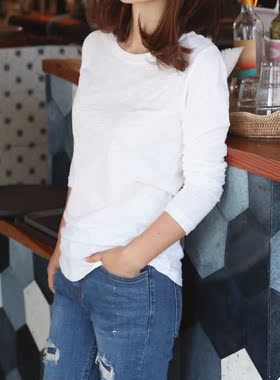韩国女装简约修身竹节棉圆领套头长袖秋冬女T恤打底衫显瘦通勤T86