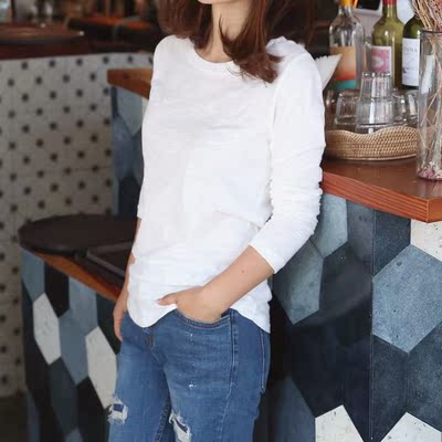 韩国女装竹节棉套头长袖t恤打底