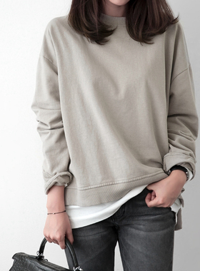 T122韩国女装代2025新品简约宽松毛圈棉开叉圆领套头春款长袖卫衣