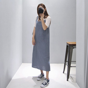 L46韩国女装 2025简约开叉素色吊带夏女连衣裙吊带裙亚麻 代新品