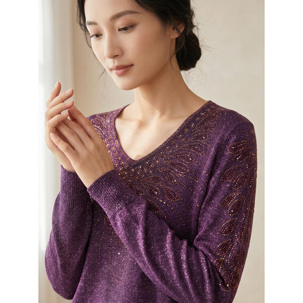 龙源蝶秀提花烫钻金线薄款女上衣针织毛衫柔软亲肤木代尔洋气妈妈