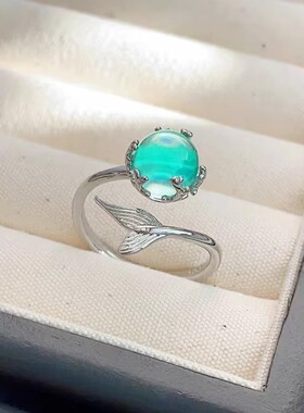 925纯银戒指精致人鱼泡沫纯银戒指开口女韩版个性创意鱼尾指环