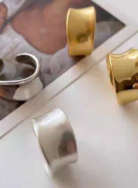 韩版简约宽银戒指女极简时尚个性百搭光面金银两色组合开口食指戒