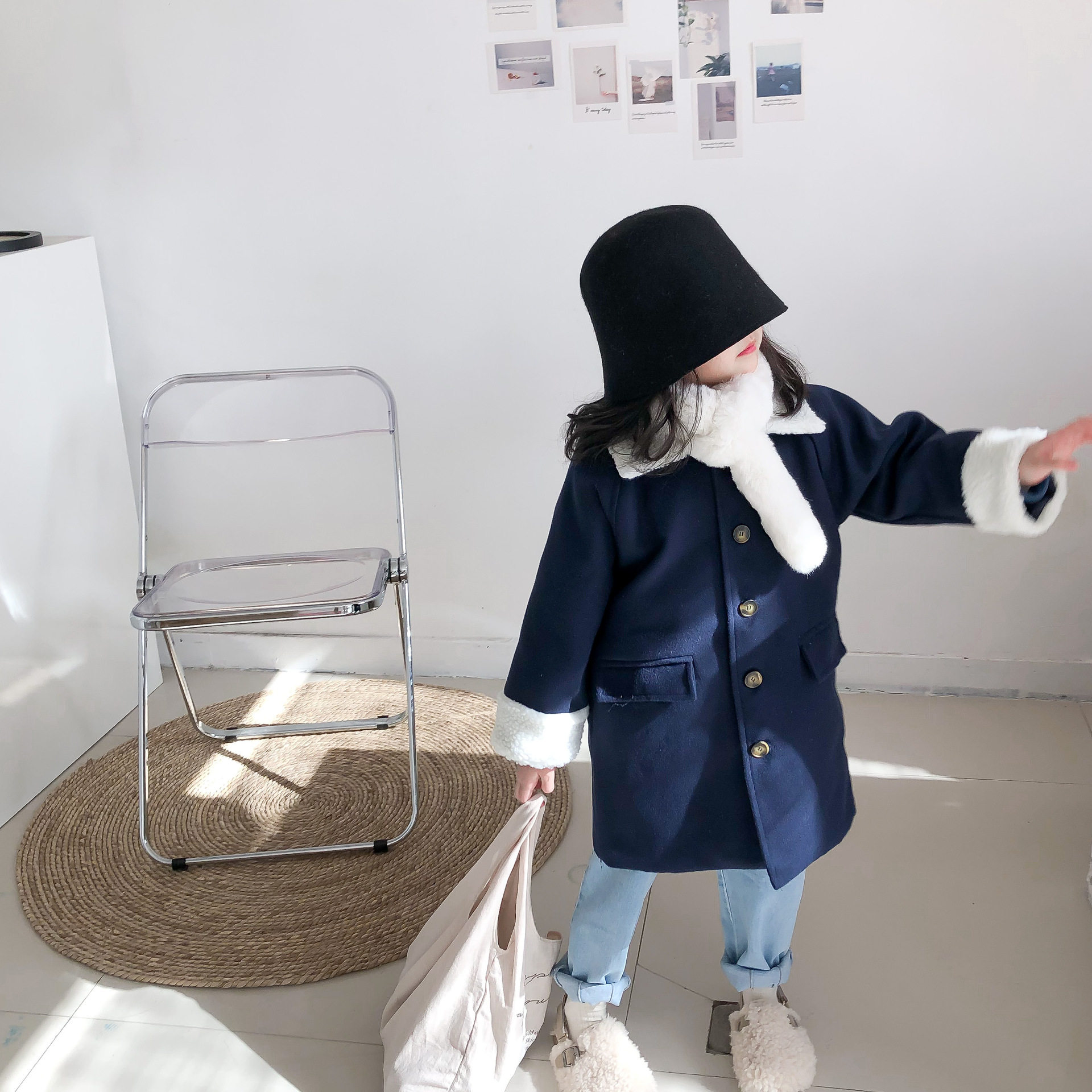 2020冬装新款女童毛毛领韩版毛呢外套女宝宝昵料中长款直摆大衣潮