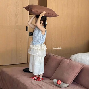 2025夏季新款女童格子无袖衬衫夏装绣花格子花边韩系棉布背心