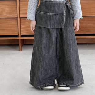 换季清货 秋季童裤女童牛仔阔腿裤儿童围裙混搭时髦休闲直筒长裤