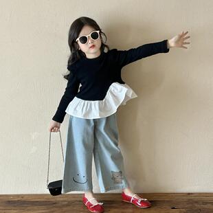 2025春季新款女童韩版荷叶边洋气T恤儿童设计感拼接色t恤打底衫
