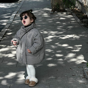 清亏不退换 秋冬男女童格纹外套羽绒服休闲宽松90白鸭绒羽绒外套