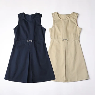 小校服裙子背心裙百搭春秋款藏青色学院连衣裙浅卡其色