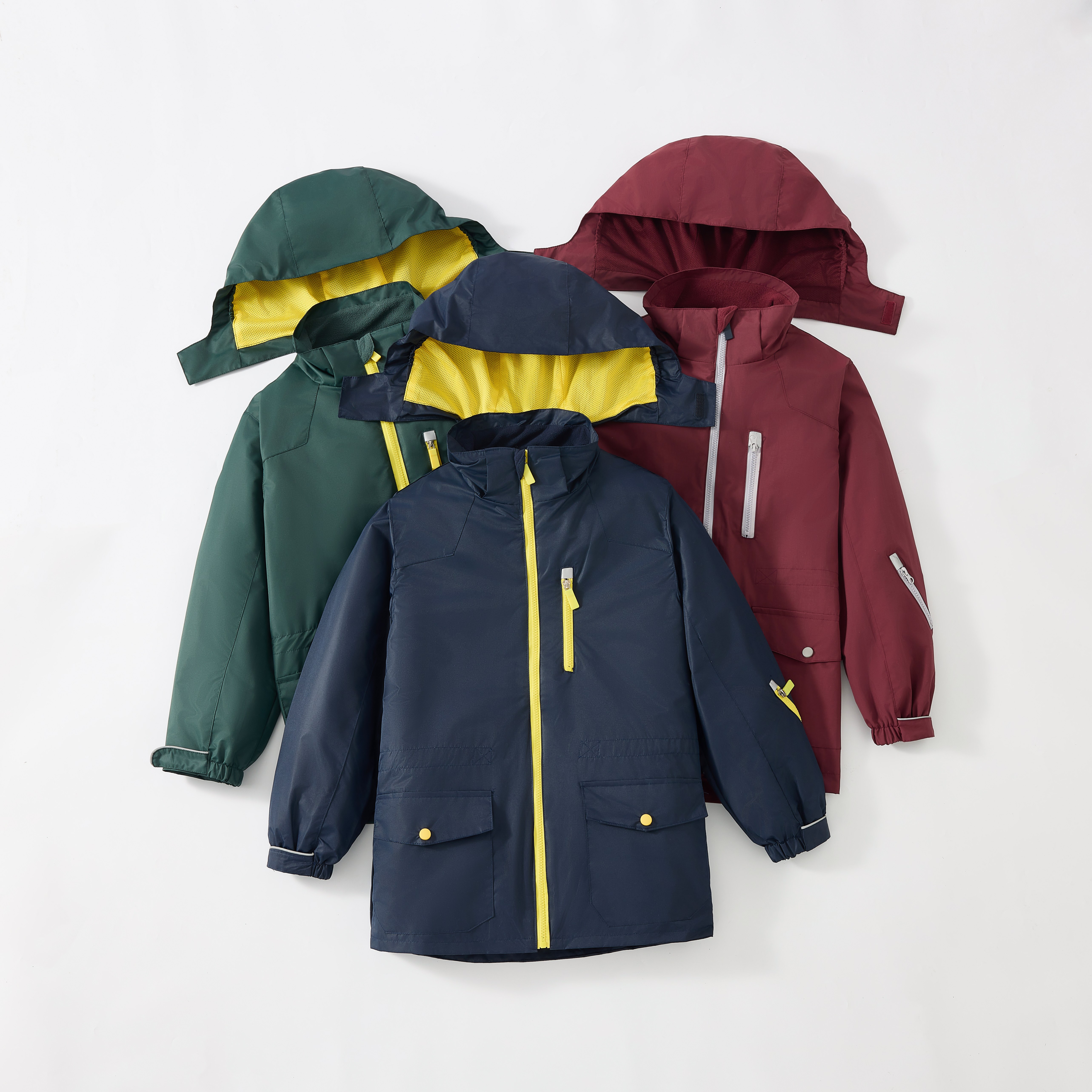 儿童黄拉链藏青冲锋衣男女童连帽防风外套酒红色内胆校服羽绒棉服