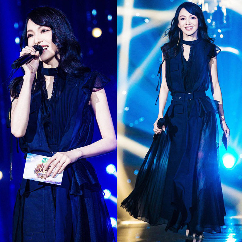 2018夏季明星我是歌手张韶涵同款牛仔拼接不规则百褶长裙连衣裙潮