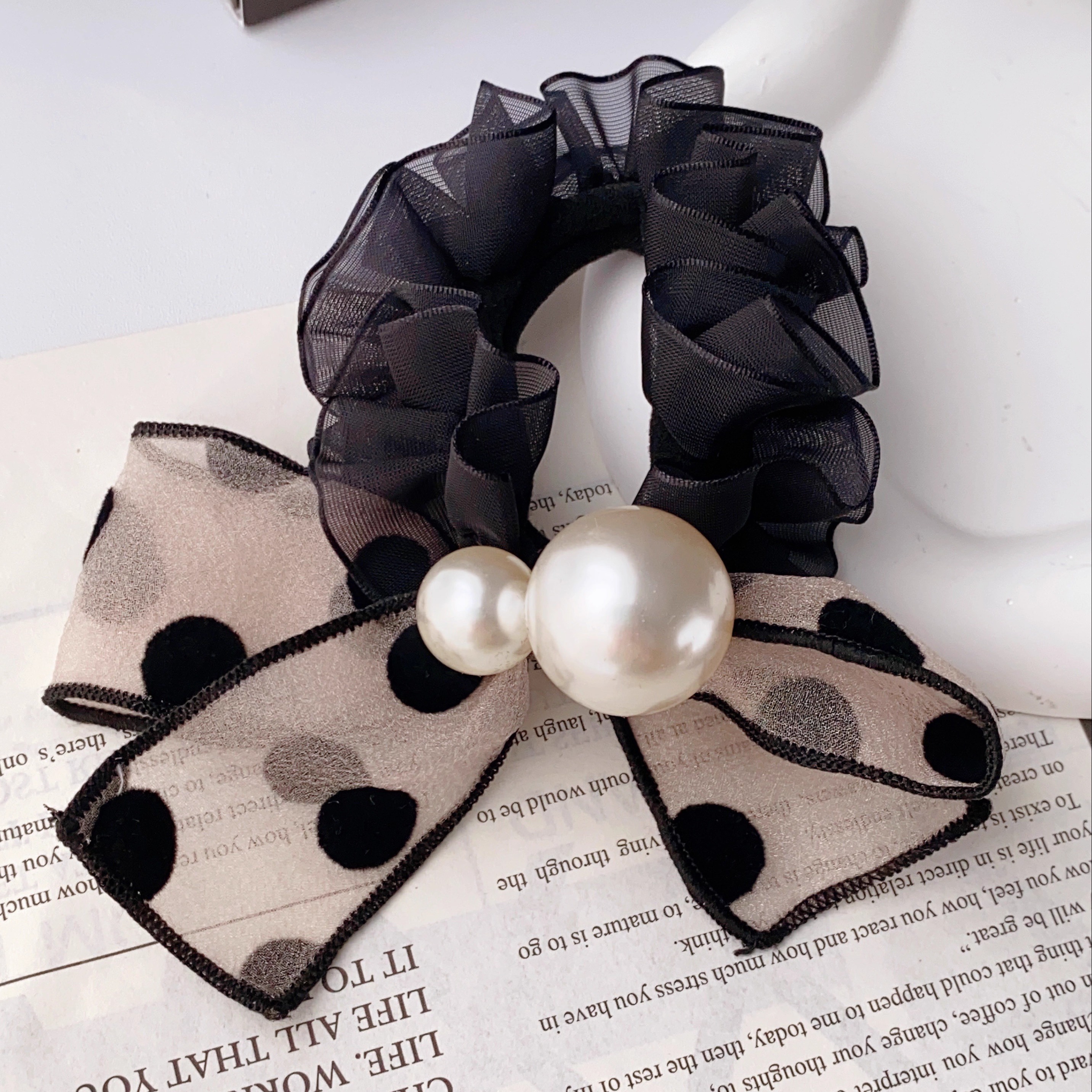 韩系波点~韩国欧根纱蝴蝶结发圈