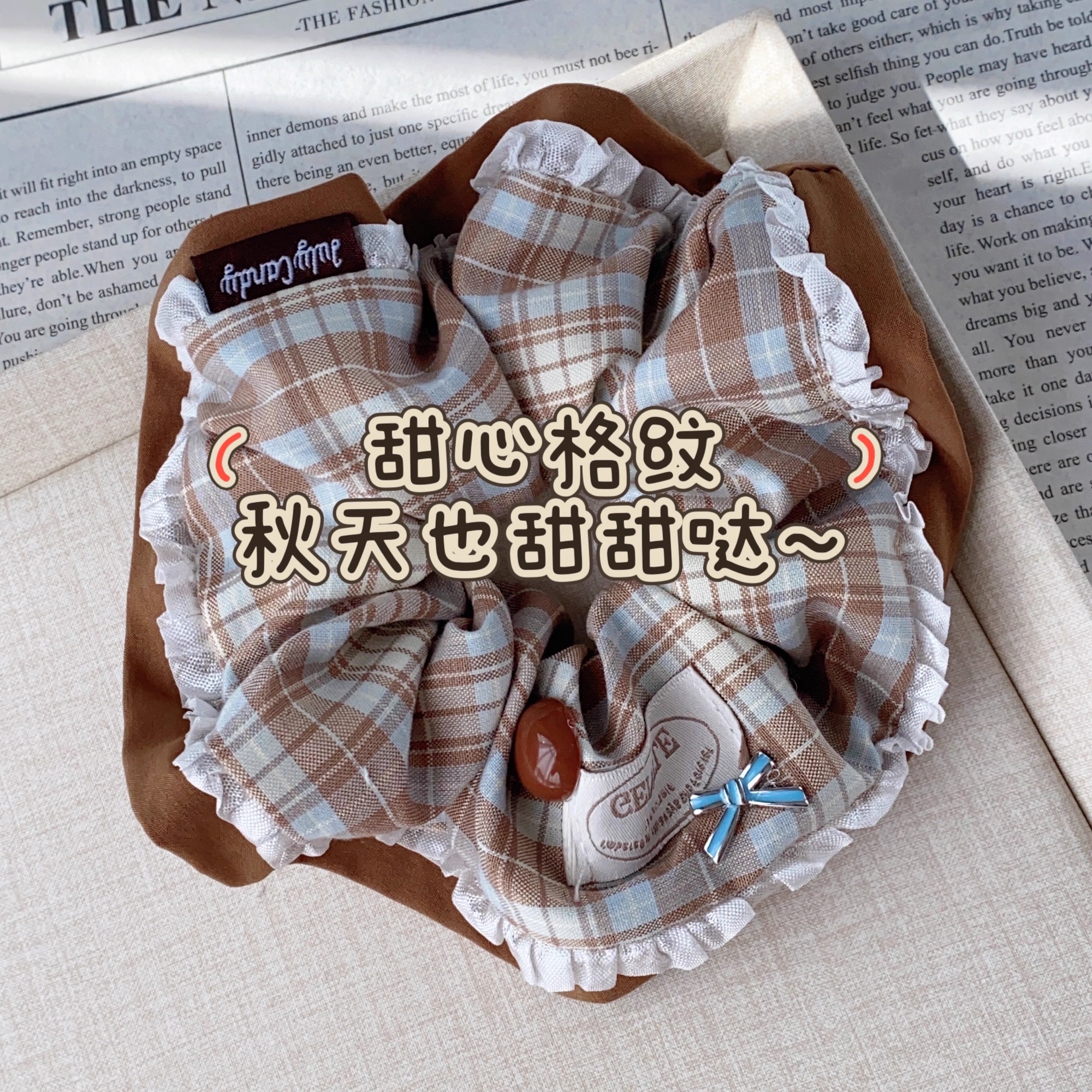 發家甜美蝴蝶结布标格纹大肠发圈