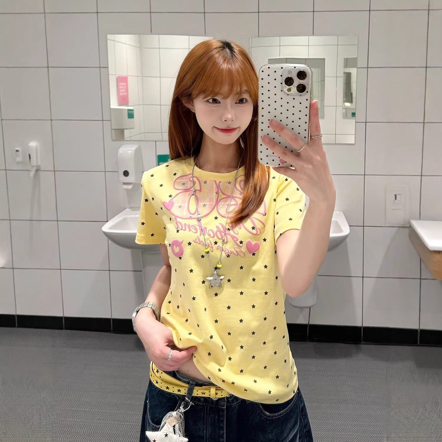 美式多巴胺甜美风星星图案短袖T恤女夏季甜妹可爱修身弹力上衣图片