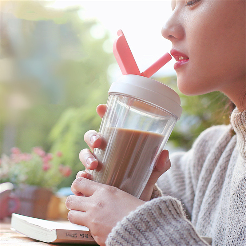 带吸管隔热杯双层塑料水杯防烫创意果汁杯高颜值女生宝宝牛奶杯子