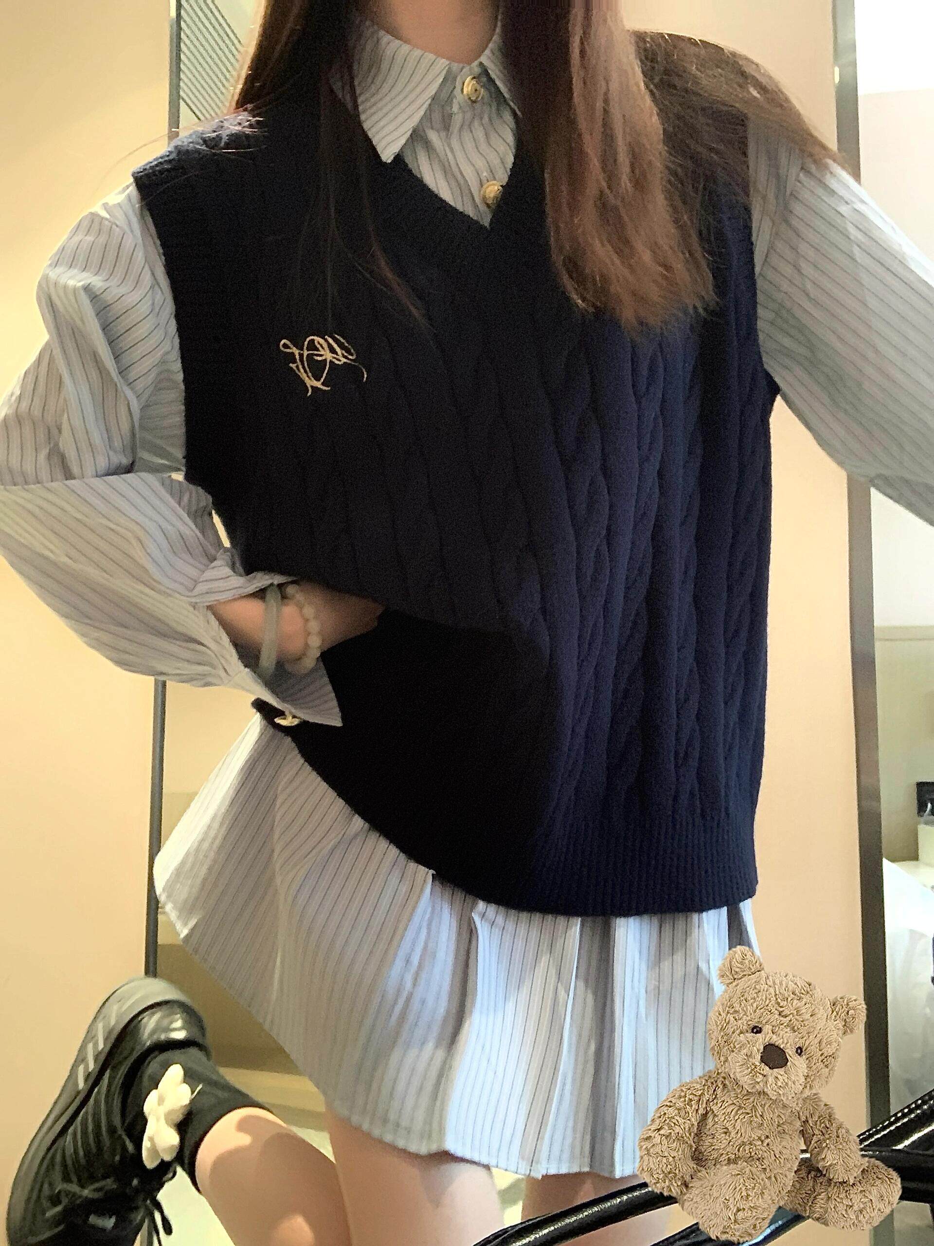 早春学院风穿搭套装2024女条纹连衣裙叠穿针织坎肩背心马甲两件套