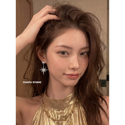 ins精致锆石微镶八芒星耳钉耳环