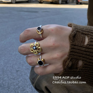 柴夫工作室 复古艺术感金银撞色戒指小众镶嵌锆石开口食指戒 J246