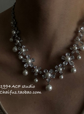 奢华晚宴超闪花朵锆石珍珠套装