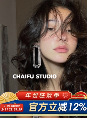 柴夫工作室/E641 欧美华丽老钱风满钻耳钉多层链条U型晚宴耳环