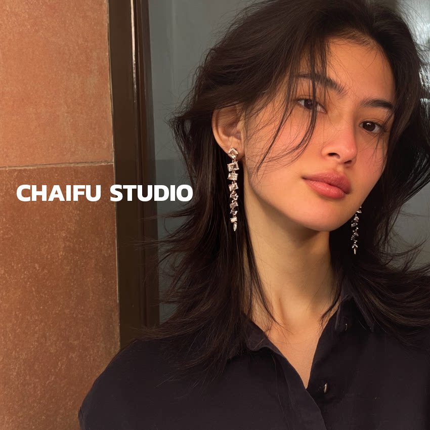 柴夫工作室/E185 日韩轻奢几何方块水钻长耳钉时尚高级感夸张耳环