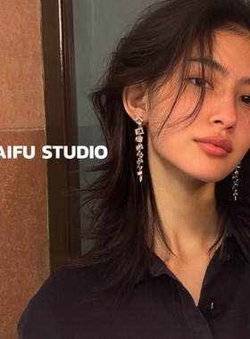 柴夫工作室/E185 日韩轻奢几何方块水钻长耳钉时尚高级感夸张耳环