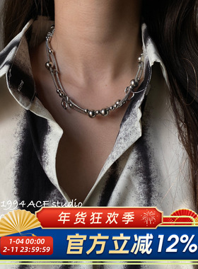 柴夫工作室/X407 INS冷淡风金属双层交叉链条项链拼接爱心潮酷